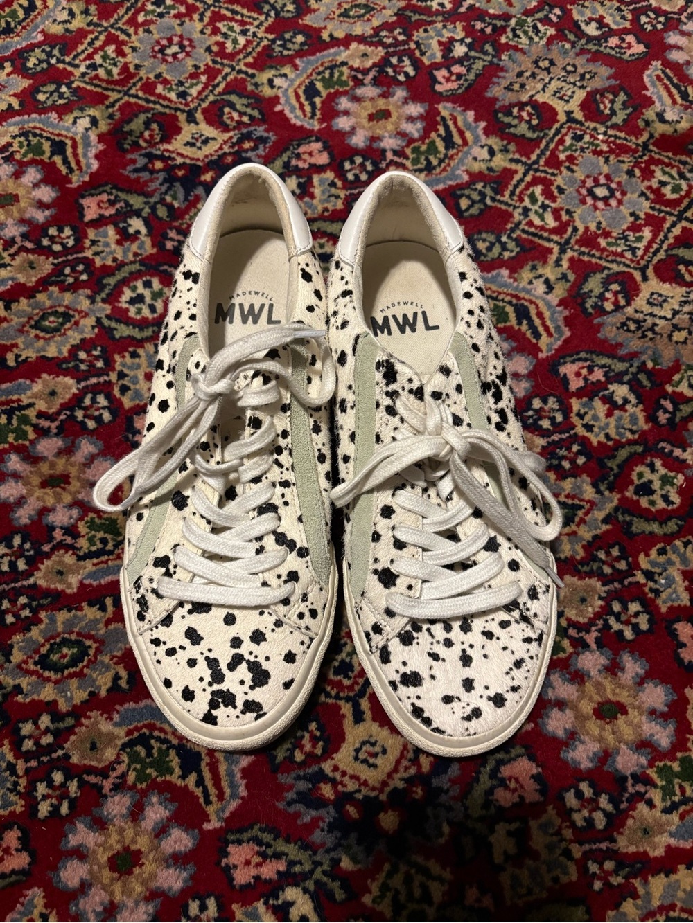 Madewell Dalmatian-Print Low-Top Sneakers in White and Black with Cream Stripe